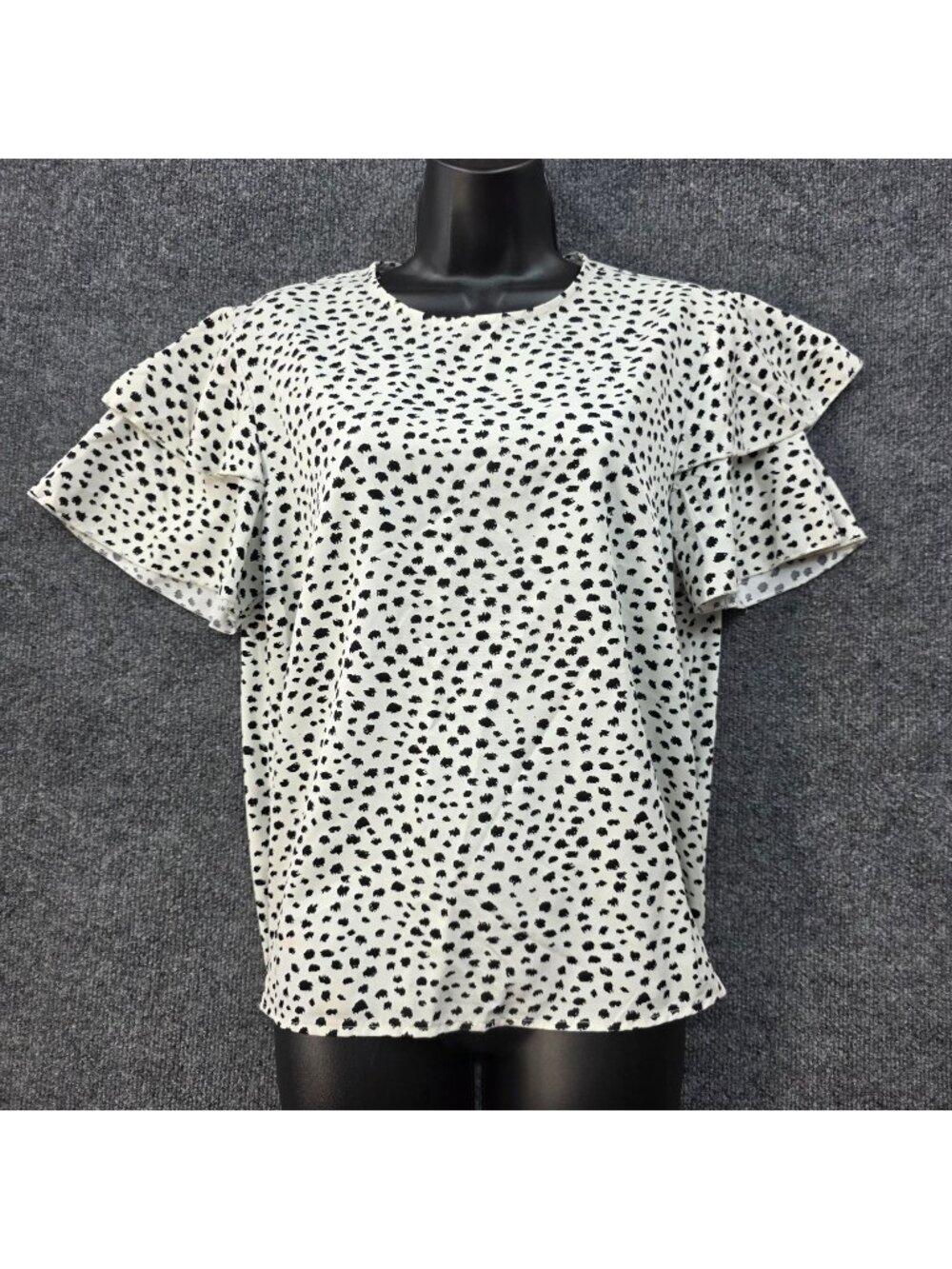 Dalmatian Print Ruffle Blouse L Black White Butterfly Sleeve Boho Chic Romantic